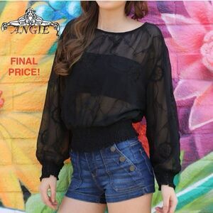 New ANGIE Embroidered Sheer Black Tops